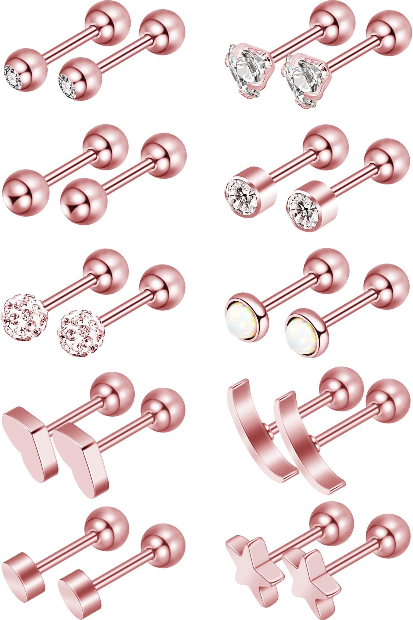 Round Ball Stud Stainless Steel Barbell Earring Set Cartilage Helix Earring Piercings for Tragus Cartilage Ear (Rose Gold 2)