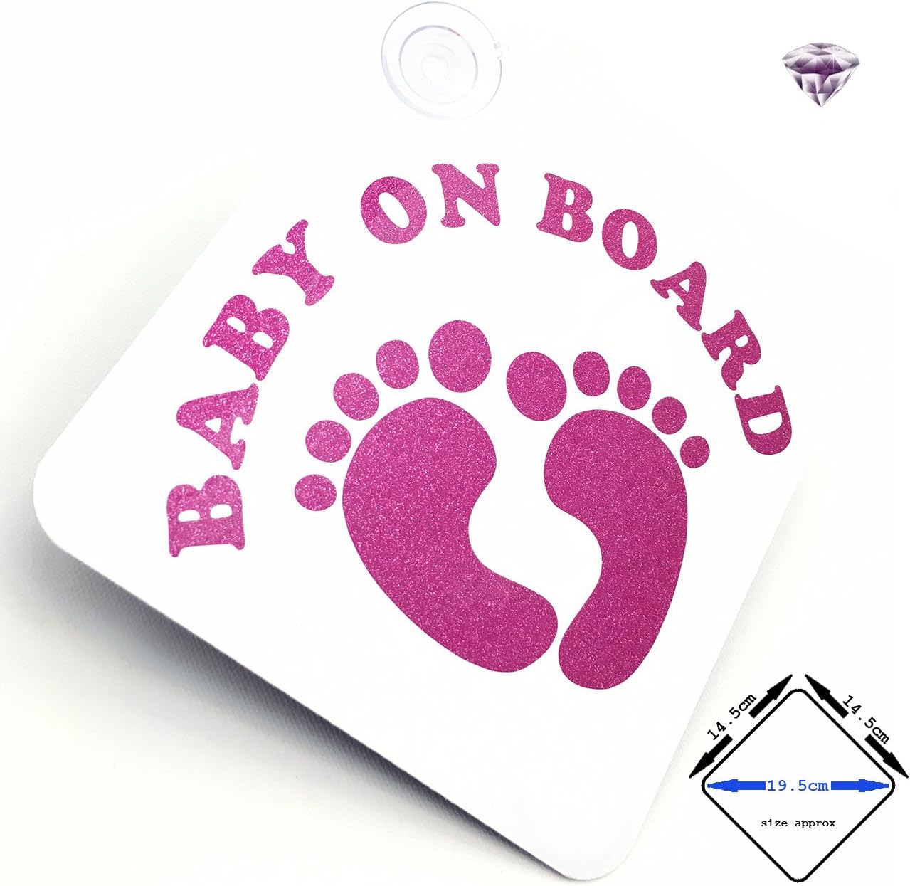 acepoprt BABY ON BOARD car sign with suction cups - cute baby feet (SPARKLING gemstone fuschia/matt white)