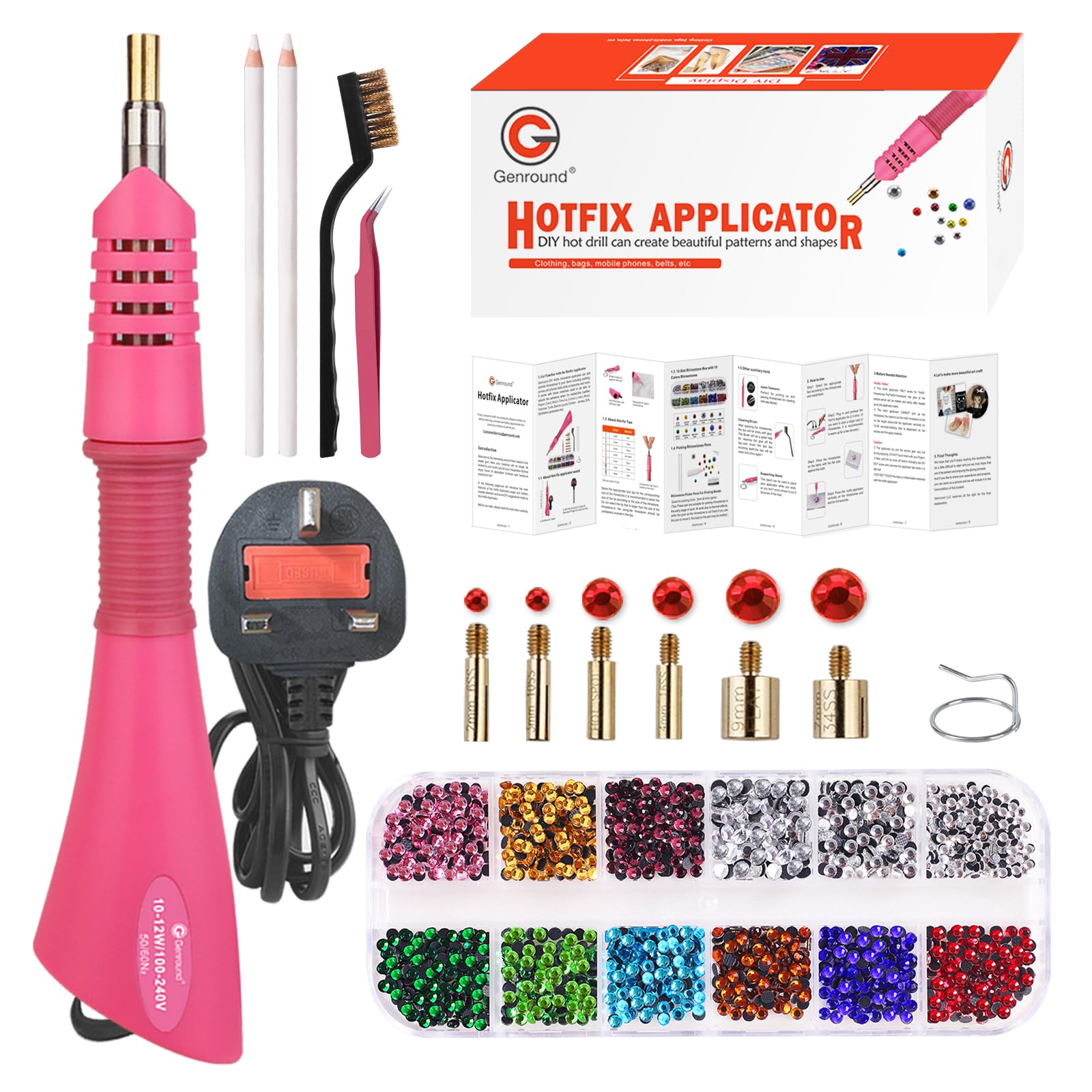 Genround Hotfix Applicator Tools, Hot fix Rhinestone Wand Tool with 1180pcs Flat Back Gems Round Crystal Rhinestones/Storage Box/Tweezer/Gems Picking Pen, Professional Designed