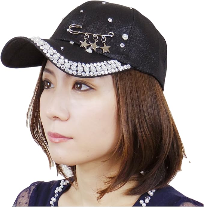 Amazon アクテール キャップ デコ ラメ キラキラ パール ビジュー フリーサイズ つば広 野球帽 帽子 レディース 01 ブラック キャップ 通販