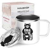 HAUSHOF Insulated Coffee Mug with Lid, 14 oz with Handle for Best Mom, Birthday Christmas Gifts, White Bear