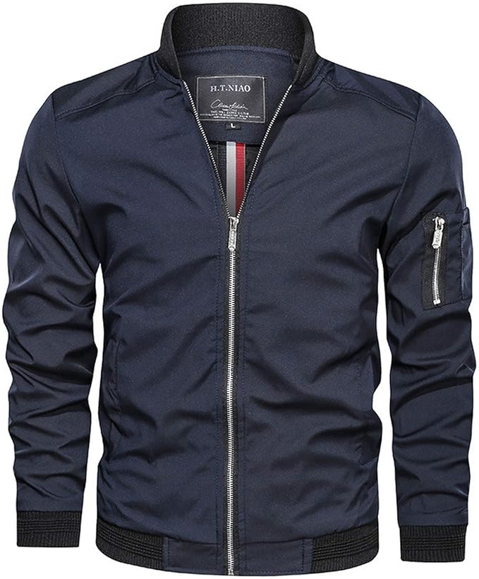 O Neck Solid Color Bomber Jacket Men Zipper and Slim Fit Coat for Men