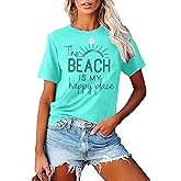 Beach Shirt Women The Beach is My Happy Place T Shirt Short Sleeve Casual Summer Vacation Tees Top