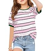 Haloumoning Girls Striped Short Sleeve T Shirts Kids Summer Casual Tops Crewneck Tees Blouses 5-14Y