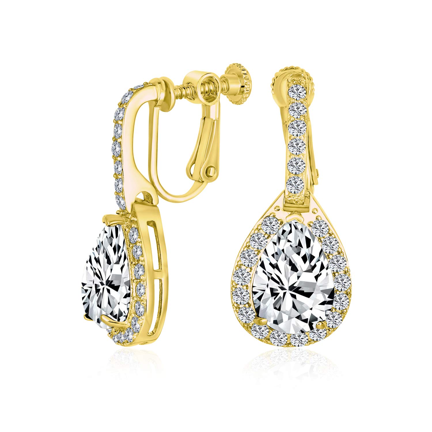 Vintage Style Halo Clear Cubic Zirconia AAA CZ Fashion Formal Dangle Drop Teardrop Screw Back Clip On Earrings For Women Prom Bridesmaid Wedding Gold Plated