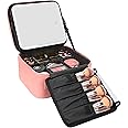 Relavel Travel Makeup Bag With LED Mirror Portable Travel Makeup Organizer 3 Color Adjustable Brightness Waterproof Cosmetic Train Case with Removable Dividers Makeup Storage for Women, Pink