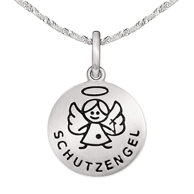CLEVER SCHMUCK Set Silberner Anhänger Engel rund Ø 12 mm matt mit Schutzengel schwarz eingelasert und Kette Singapur 40 cm St
