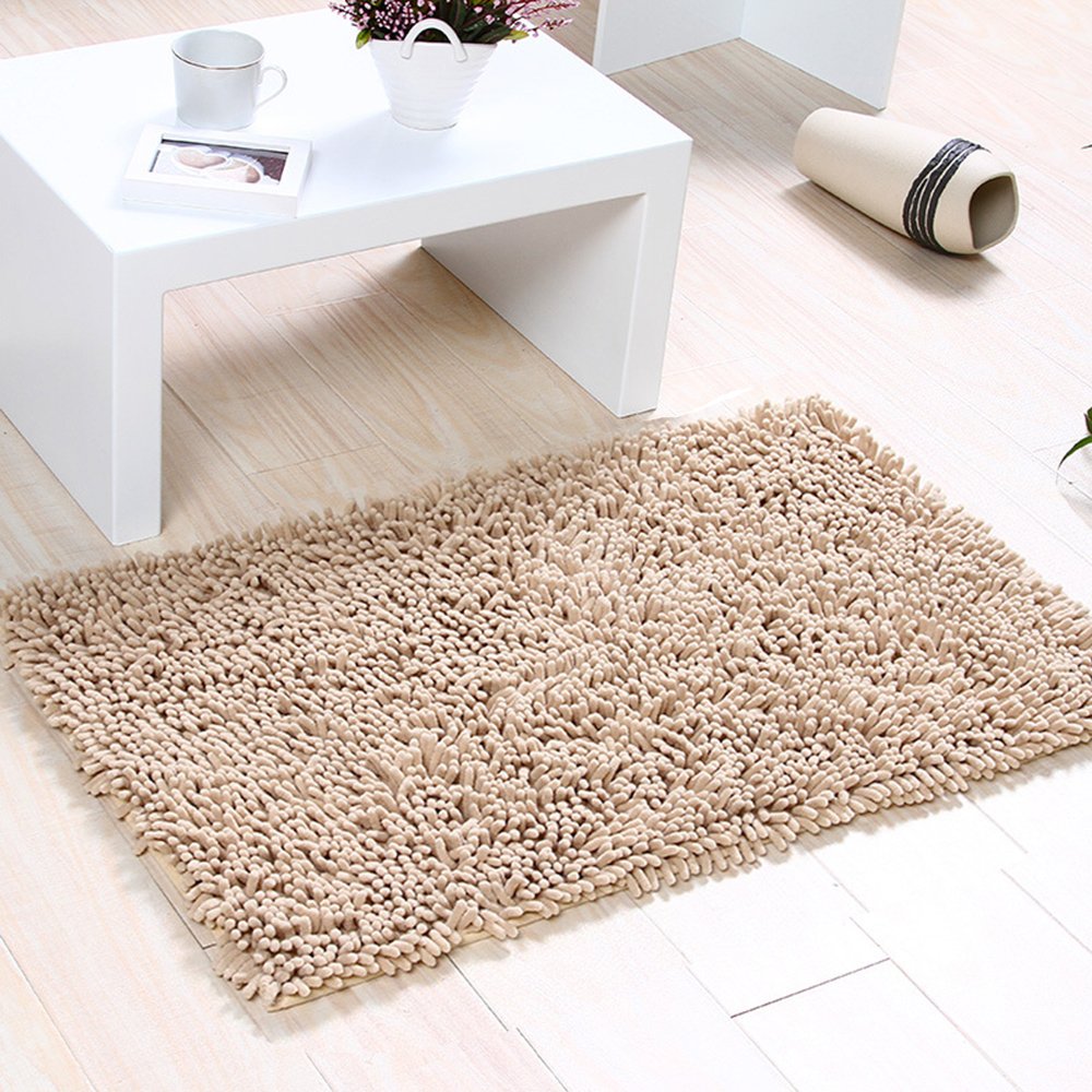 Eleoption Soft Shag Bath Mat Rug Kitchen Rug Door Way Feet Mat Anti-slip Strip Absorbent Doormat Bathroom Shower Rugs Shaggy Carpet (45 * 70 CM) (Khaki)