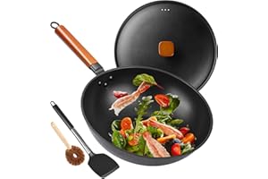 Wok Pan with Lid - 12.9" Nonstick Wok, Carbon Steel Woks & Stir-Fry Pans with Spatula, Flat Bottom Chinese Wok for Electric, 