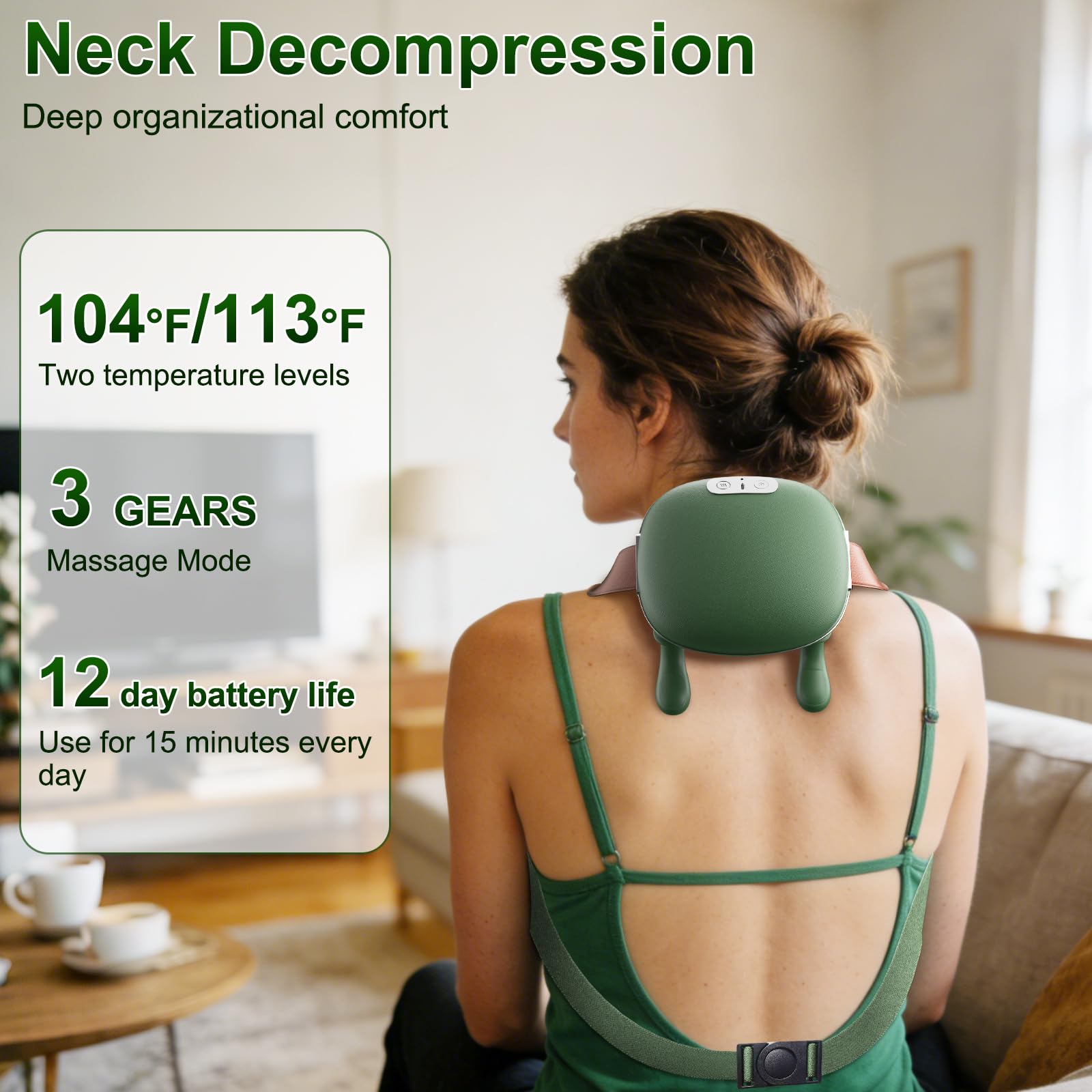 Nooydio Neck Massager, Neck and Back Massager with Heat & 4D Kneading, Shiatsu Deep Tissue Wireless Massager for Shoulder Cervical Pain Relief, Portable Rechargeable for Home Office (Green)