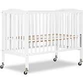 Dream On Me Folding Full Size Convenience Baby Crib with Durable Metal Wheels, Portable Space-Saving Design, 2 Adjustable Heights, Easy Fold Flat Storage, GREENGUARD Gold &amp; BSA Certified, White