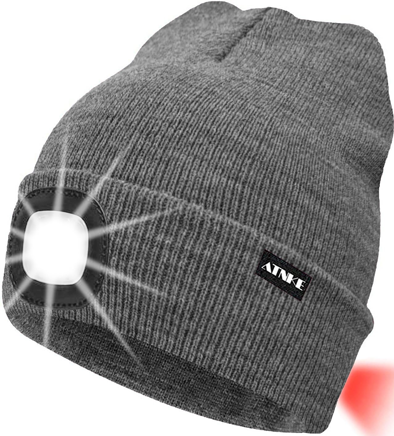 ATNKE 8LED Lighted Knit Hat,USB Rechargeable Running Headlamp Cap Ultra Bright Waterproof Light Lamp and Flashing Alarm Red Tail Light Multi-Color/Grey