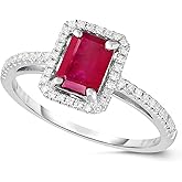 KOKAV 14K White Gold Genuine Ruby 1 Ct Emerald Cut with Diamonds Ring, Size 7