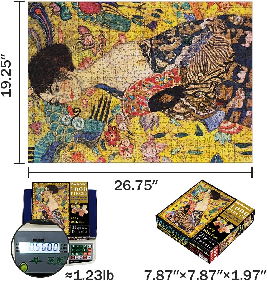 MaxRenard Jigsaw Puzzle 1000 Pieces for Adults Lady with Fan by Klimt Challenging Puzzles Large Cool Puzzles Famous Art Paintings: Toys & Games