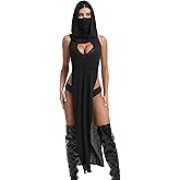 Olihom Black Rave Dress for Women, EDM Festival Outfits, Cosplay Halloween Costume, Hooded Goth Dress with A Separate Hood