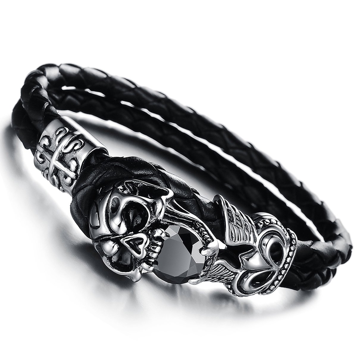 Cupimatch Jewellery Mens Stainless Steel Black CZ Skull Braided Leather Bracelet Cuff Bangle, 8.5"
