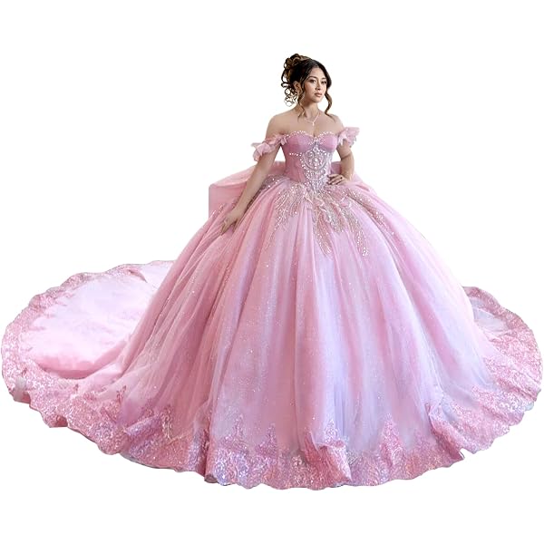 Cold Shoulder Cap Sleeve Ball Gown Long Train Quinceanera Prom Cocktail  Bridesmaid Dresses Gold Embroidered Pink Tulle Corset Back Sweet 15 16  Party Dress 0 at Amazon Women's Clothing store