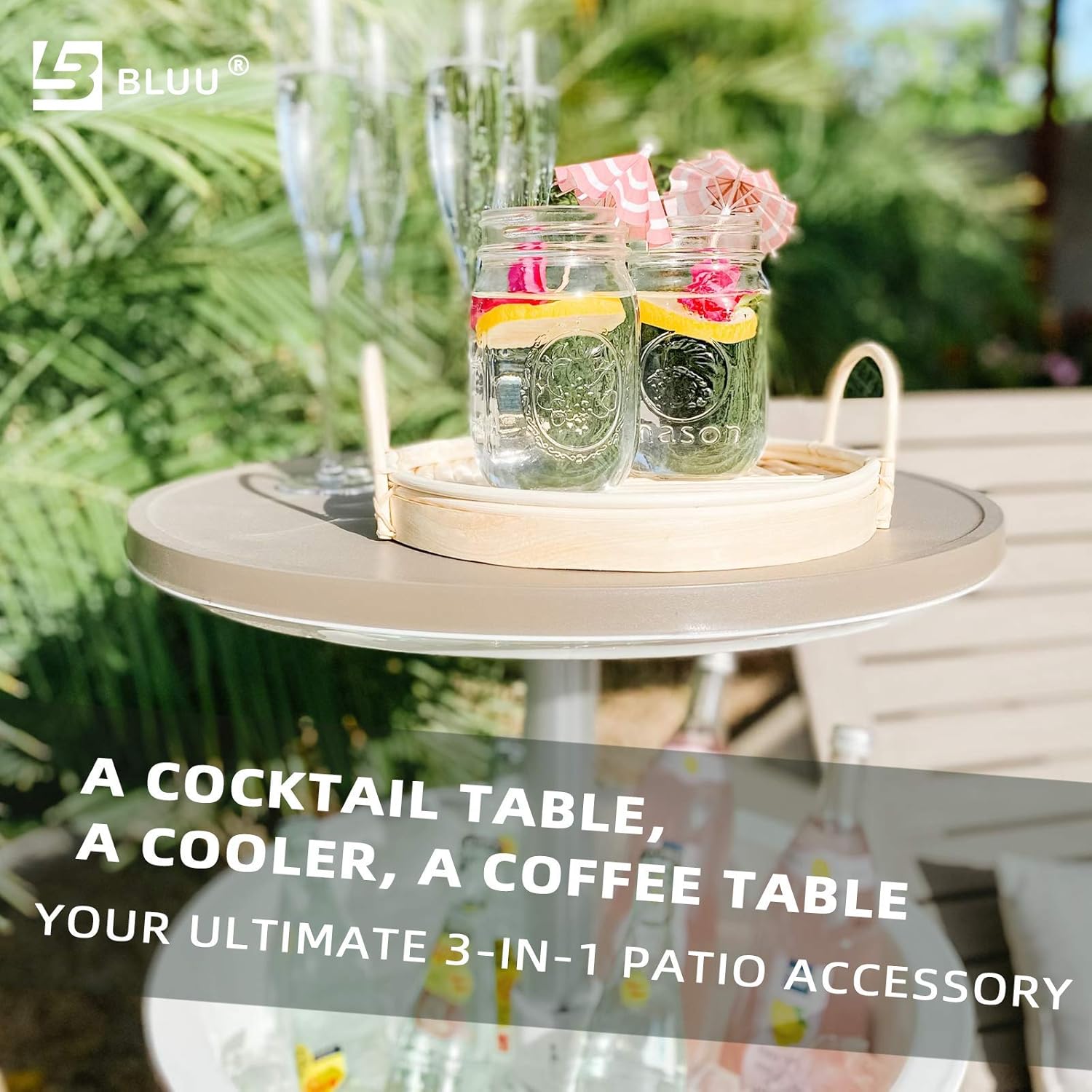 BLUU Outdoor Patio Cooler Bar, Outdoor Patio Furniture and Hot Tub Side Table, Adjustable Height Tables with 10 Gallon Coffee, Beer and Wine Cooler, Waterproof & Steady, Grey: Kitchen & Dining