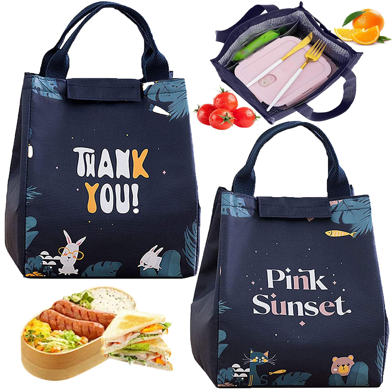 dcas Pack of 2 Insulated Lunch Bags, Thermal Bag with Foil Lining, Small Insulated Cool Bag for Work, Foldable Picnic Handbag, High Capacity, for School, Picnic (7.87 x 6.69 x 9.25 inches)