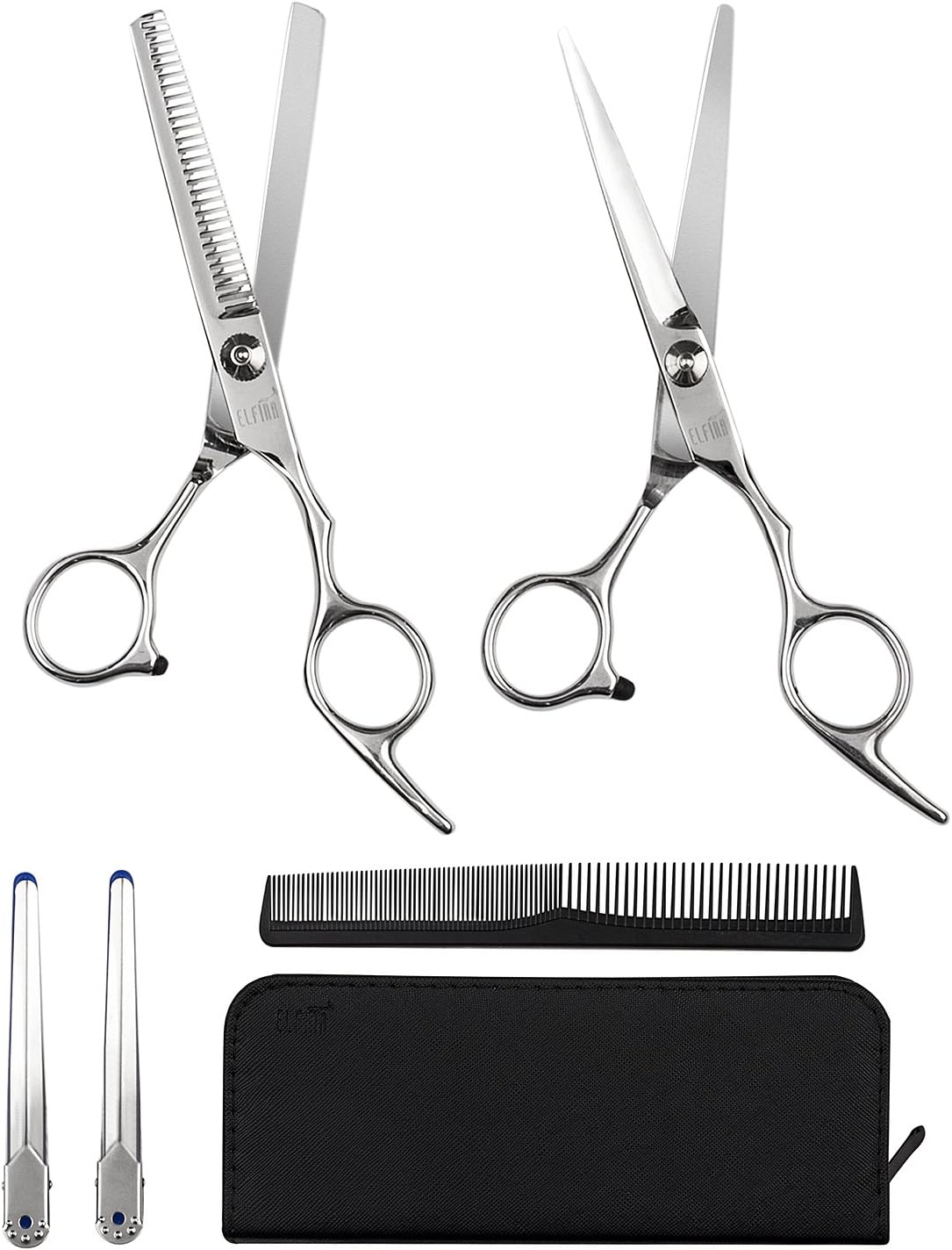 Elfina Hair Cutting Shears, 6.0" Professional Stainless Barber Scissors Set for Hairdressing, Thinning, Texturizing, Salon or Home Use - Flat Shears, Tooth Shears, Comb & Hair Clip Included (Silver)