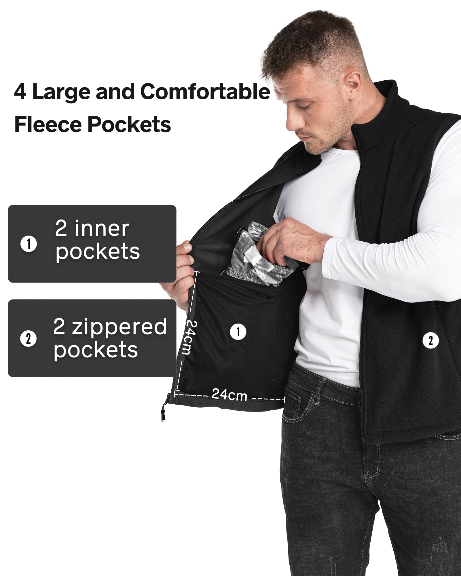 33,000ft Herren Fleece Weste Jacke Standkragen Ultraleicht Outdoor Ärmellose Fleecejacke Gilets Tops Fleeceweste Herren mit Taschen Reißverschluss (Schwarz,L) 5