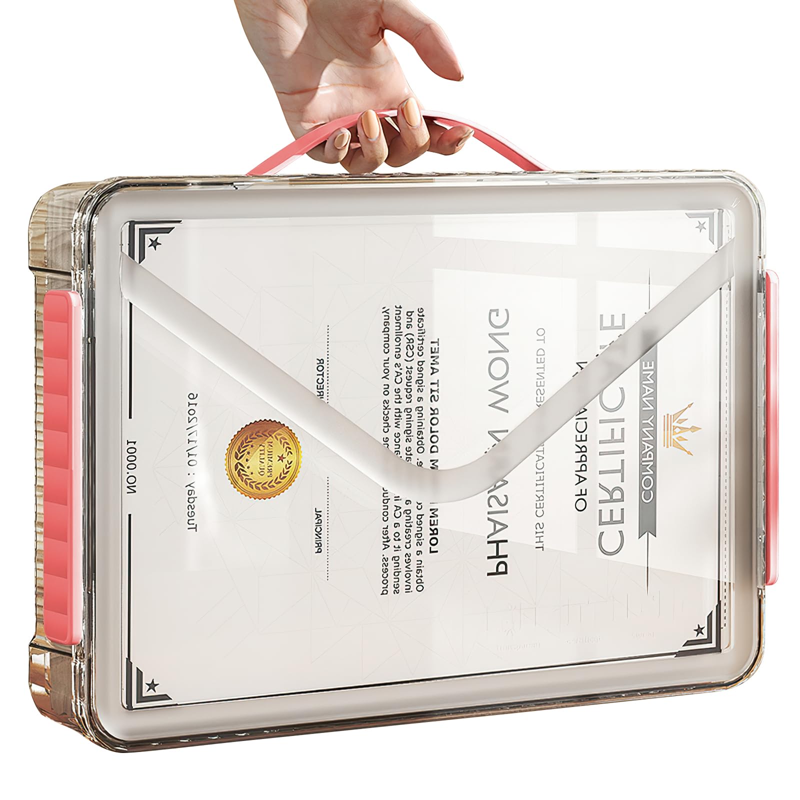 Elezeal Clear Storage Boxes with Lid - A4 Transparent Paper Storage Organiser with Handle and Portable Project Case Drawer Organizer for Storing Certificates Photos Scrapbook and Invoices(Red Handle)