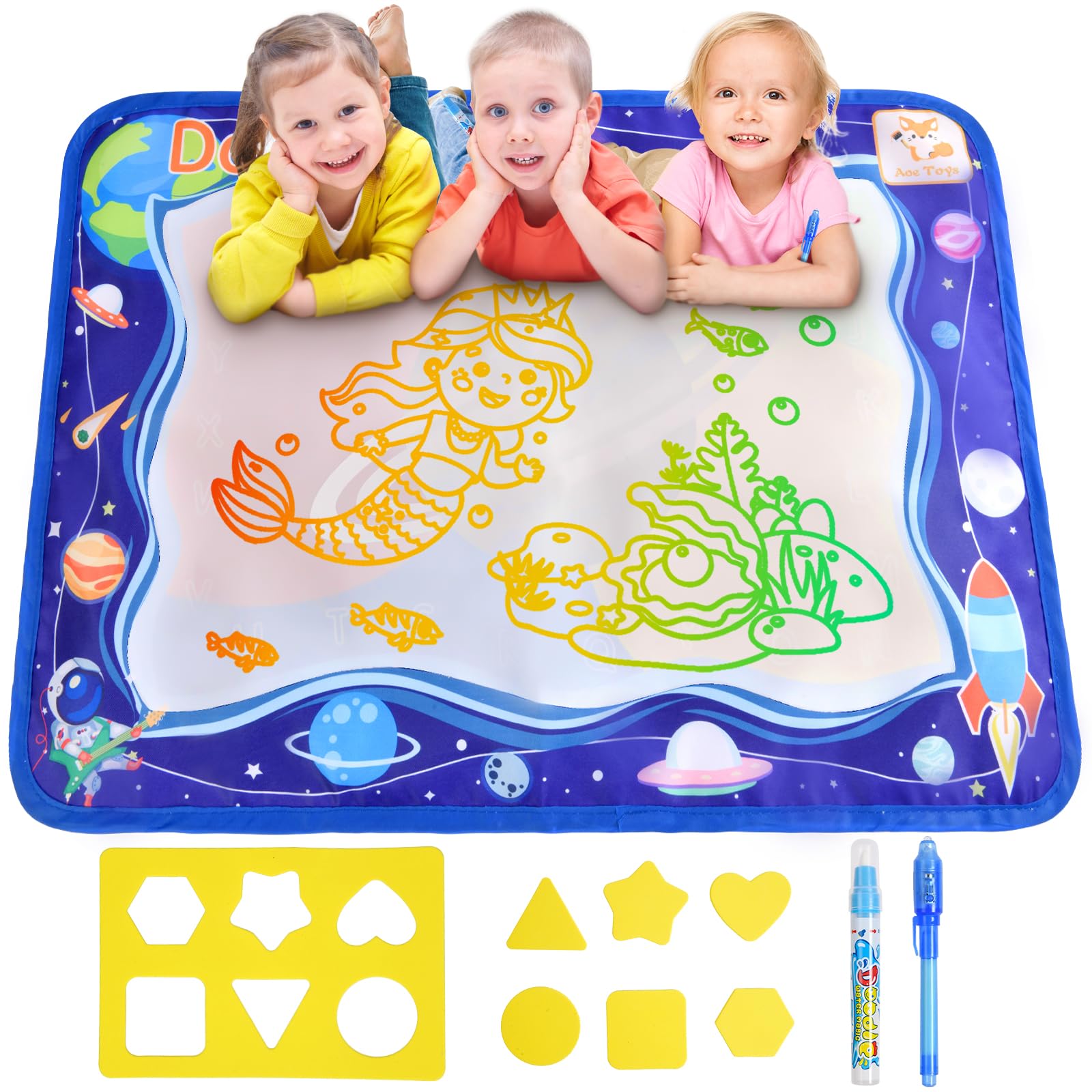 OSDUE Water Doodle Magic Mat, Water Drawing Painting Pad Multicolored Mess Free Painting for Kids, Reusable Aqua Drawing Mat with Water Pens, Educational Toys for 2-5 Year Olds Best Gifts (4 PCS)