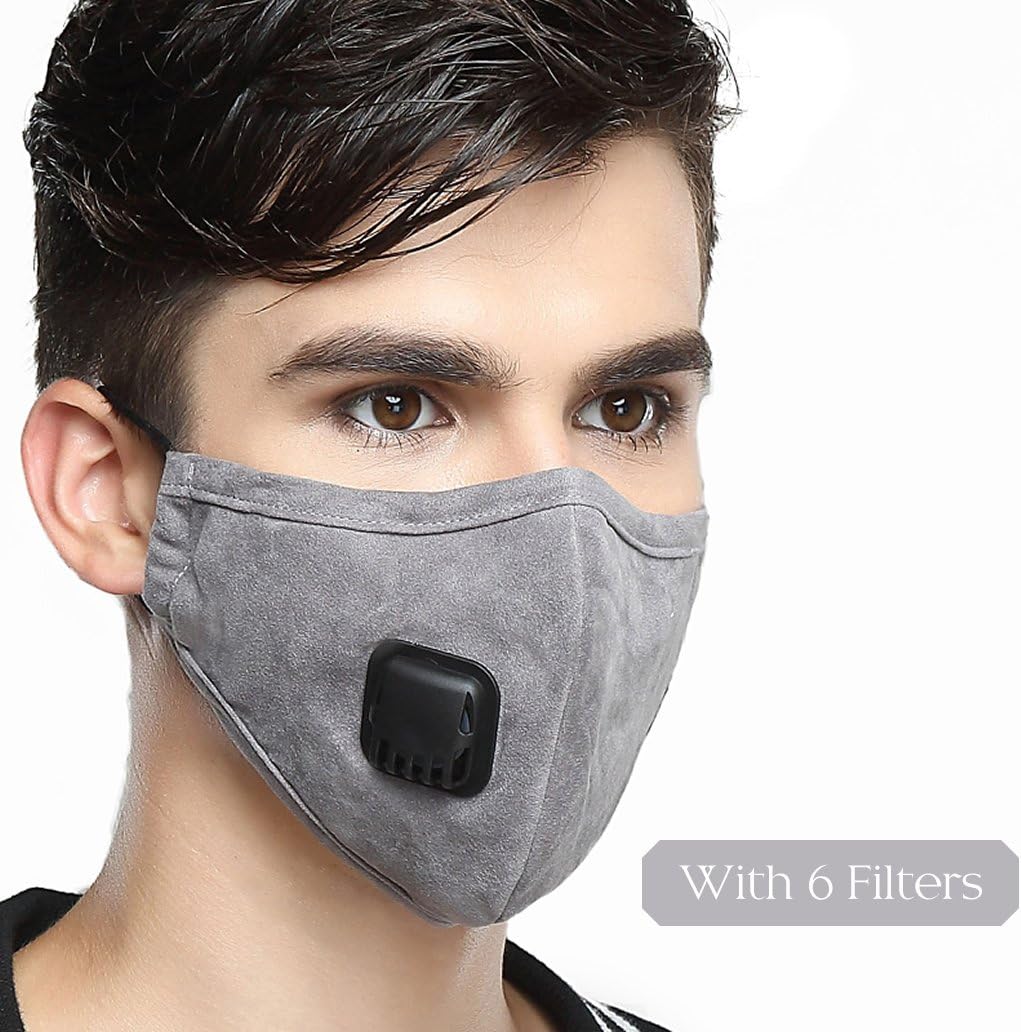 Mouth Masks With Valve Mask Washable Replaceable Filter Activated Carbon Dust Mask (One Mask + 6 Filters) Men Grey