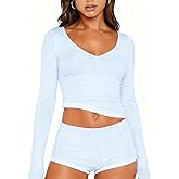 Dressmine Sexy Pajamas Set for Women Spring Pj Lounge Sets 2 Piece Cute Sleepwear Long Sleeve V Neck Y2K Tops Shorts