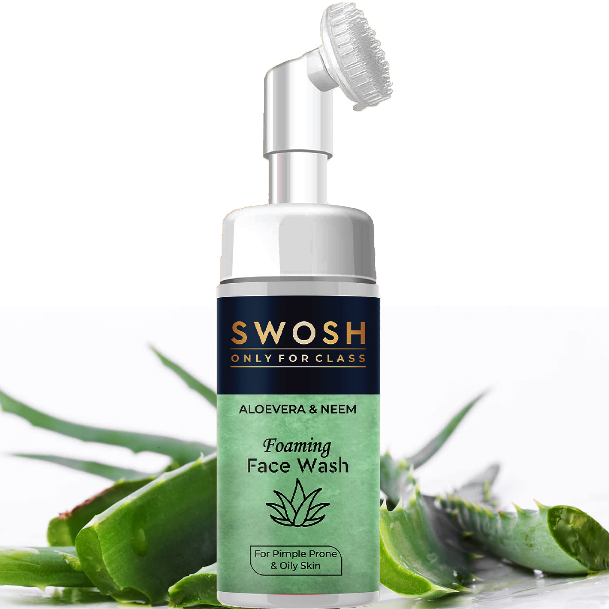 SWOSH Aloe Vera & Nem Foaming Face Wash For Pimple Prone & Oily Skin- No Parabens, Sulphate, Silicones & Color (with Built-in Face Brush), 100 ml