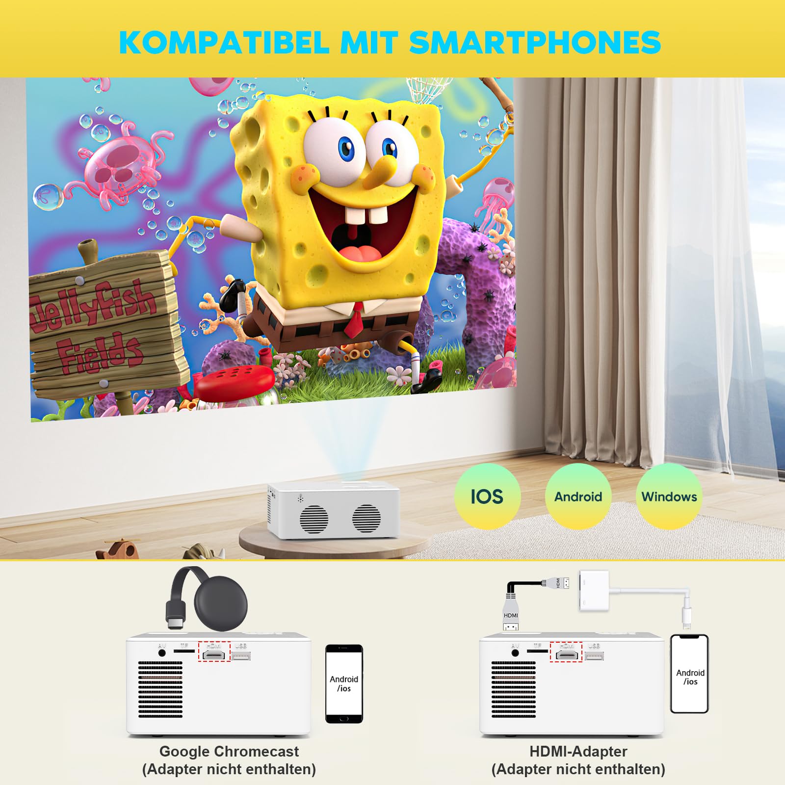PURSHE Mini Beamer, Mini Bluetooth Projektor Full HD 1080P Tragbarer Outdoor Filmprojektor für iOS, Android, Windows, Kompatibel mit TV Stick/HDMI/Smartphone/Spielkonsole/USB [Inkl. Fernbedienung]