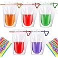 300 Pieces Drink Pouches Adult with Straws Set, Heavy Duty Hand Held Translucent Reclosable Plastic Smoothie Bags Disposable Wine Juice Pouches for Cold Hot Drinks, 400-500 ml