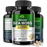 VPKIN Organic Sea Moss Capsules with Bladderwrack,Burdock Root and Black Pepper Extract-Irish SeaMoss Pills 2000mg-Promotes Immune System,Thyroid Support(120 Capsules)