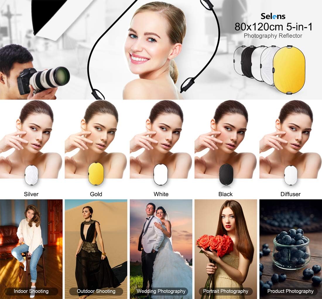Selens 5 in 1 80x120cm Light Reflector Photography Diffuser Collapsible Oval with Handle Lighting Gold/Silver/White/Black/Translucent for Photo Studio Portrait Product Indoor Outdoor Shooting - Image 4