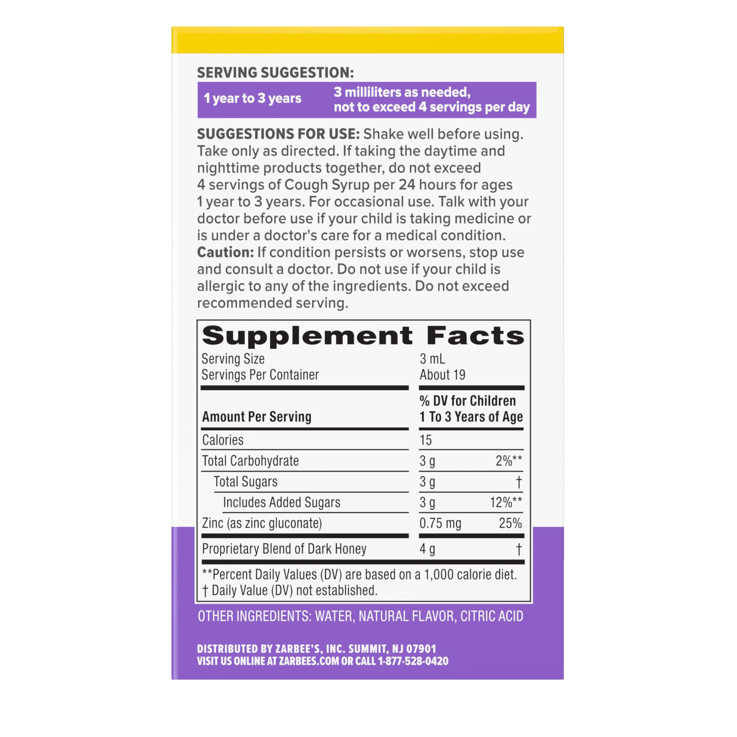 Zarbee's Baby Honey Cough Syrup + Immune for Babies 12-24 Months, Safe & Effective Cough Syrup with Soothing Dark Honey & Zinc for Immune Support*, Drug & Alcohol-Free, Grape, 2 fl. Oz