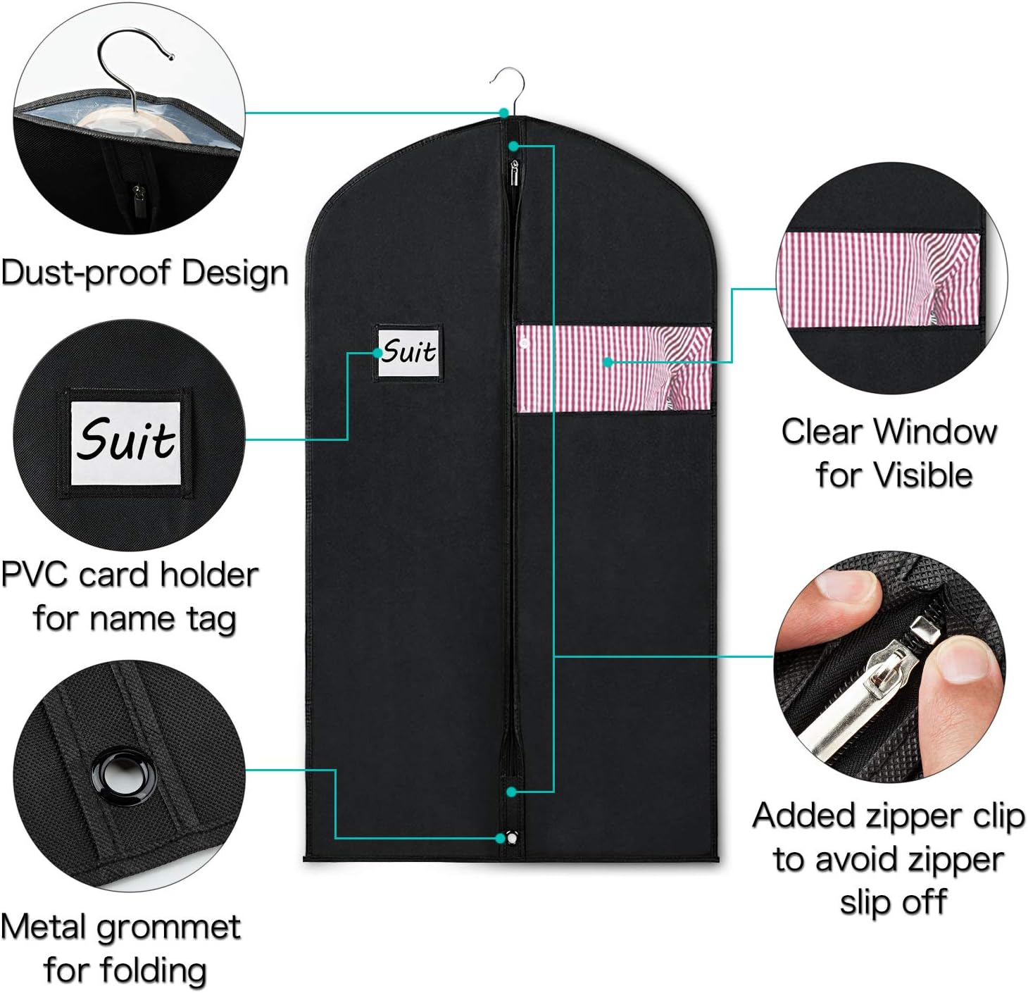 Zilink Black Garment Bags for Storage and Travel 43/50 INCH Anti-Moth Protector Suit Cover with Clear Window for Suit Jacket Shirt Coat Dresses (Pack of 5): Home & Kitchen