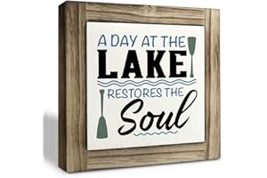 XJCUG Lake Wood Plaque Sign, A Day at the Lake Restores the Soul, Box Wood Plaques Desk Décor, Lake Life Sign, Wood Lake Sign, Lake House Tabletop Decor, Signs for Home Decor Shelf, Lake Cabin Decor