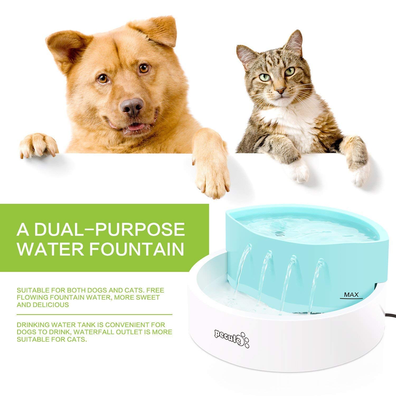 Pecute Cat Water Fountain 45 dB Ultra-Quiet Automatic Circulation USB Electric Water Feeder 1.6L with 2 Filters, Great for Cats, Small Dogs Drinking Indoor Outdoor Use