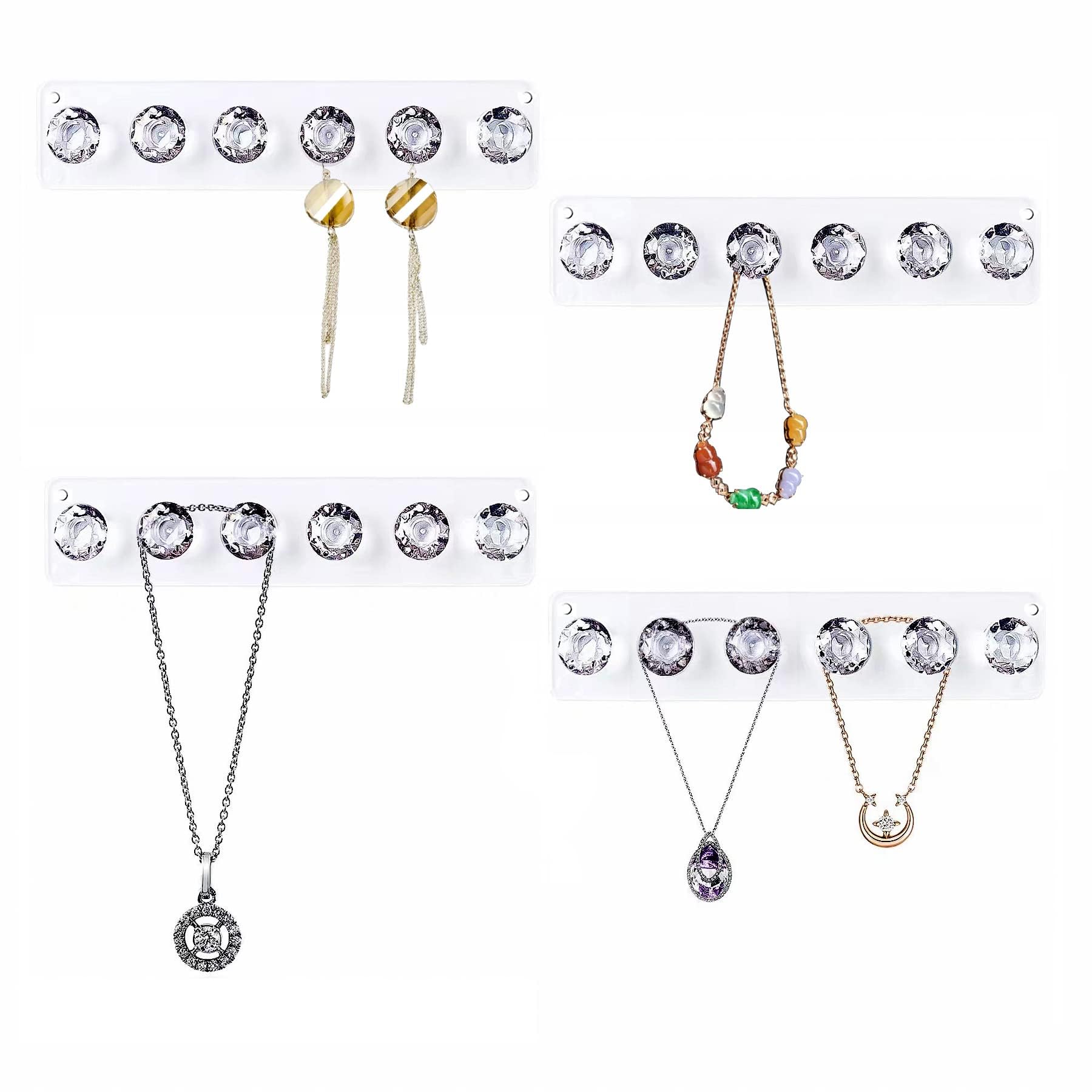 Baoswi Necklace Hangers Acrylic Necklaces Holder Wall Mounted Jewellery Organiser Hanging with Diamond Shape Hooks, Jewellry Hangers for Necklace, Gift for Girls Women (4 Pack of 6 diamonds, Clear)