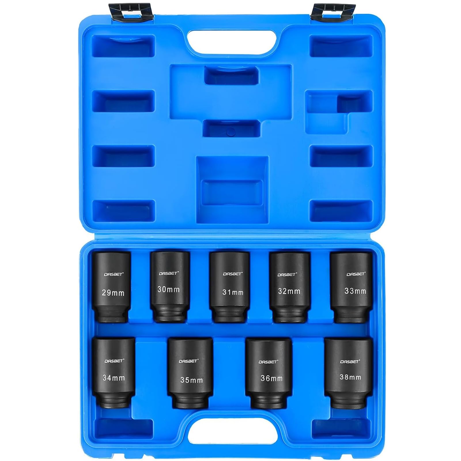 DASBET 1/2" Drive Deep Impact Socket Set 9PCS Axle Nut Impact Socket Set 6 Point 29-38mm Drive Metric Axle Hub Nut Set