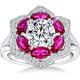 DAYBYDAY Statement Flower Ring 925 Sterling Silver Birthstone Rings for Women, Big Floral Bolssom Ring, Sapphire/Emerald/Ruby/Opal Engagement Promise Rings for Her Size 6-10