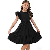 GOTHLETIC Girls Dresses Double Layer Ruffle Sleeve Dress Casual Summer Elegant A-Line Flowy Dresses 6-14 Years