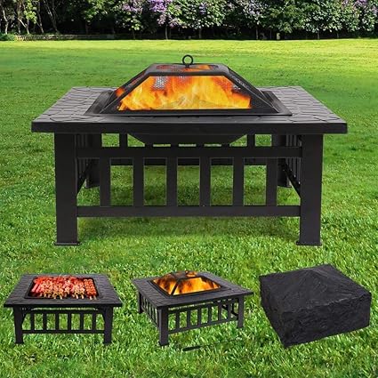 Dhybdz Feuerstelle Mit Grillregal Quadratischer Tisch Aus Metall Feuerstelle Garten Terrassenheizung Grill Eisgrube Mit Wasserdichter Abdeckung Amazon De Sport Freizeit