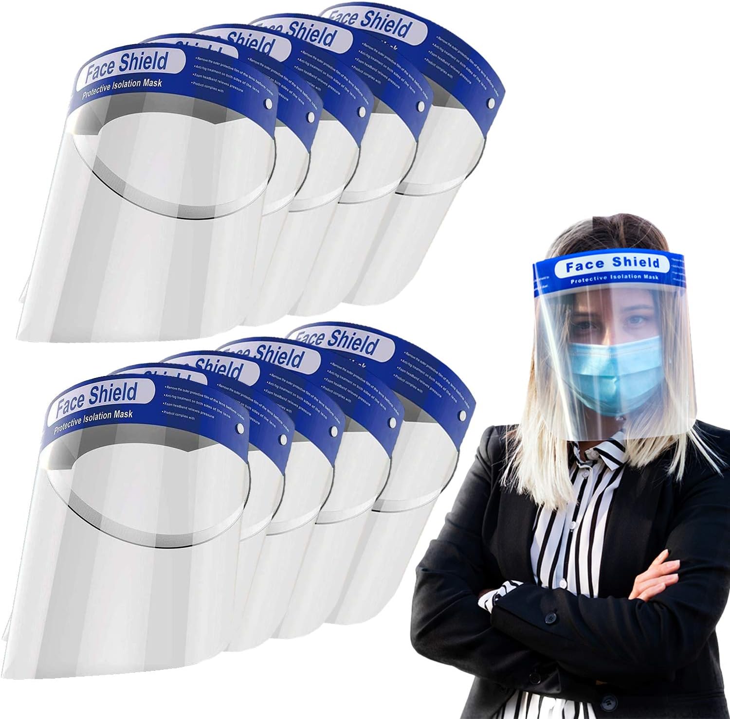 Katzco Reusable Face Shields - Clear Full Face Visor Mask with Removable Protective Film - Face and Head Coverage - Ideal for Automotive, Construction, General Manufacturing, Mining Uses (10 Pack)