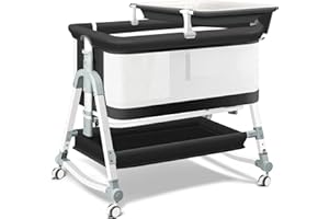 Uuoeebb 4 in 1 Bedside Bassinet for Baby, Portable Baby Bassinet with Wheels, Baby Crib with Changing Station, Mattress Included and Storage, Foldable Travel Bassinet for Baby/Infant/Newborn - Mesh