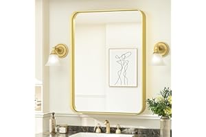 TokeShimi Bathroom Mirror for Wall 24 x 30 Inch Gold Brushed Brass Metal Rounded Corner Rectangle Mirror Wall Mirror in Metal Frame