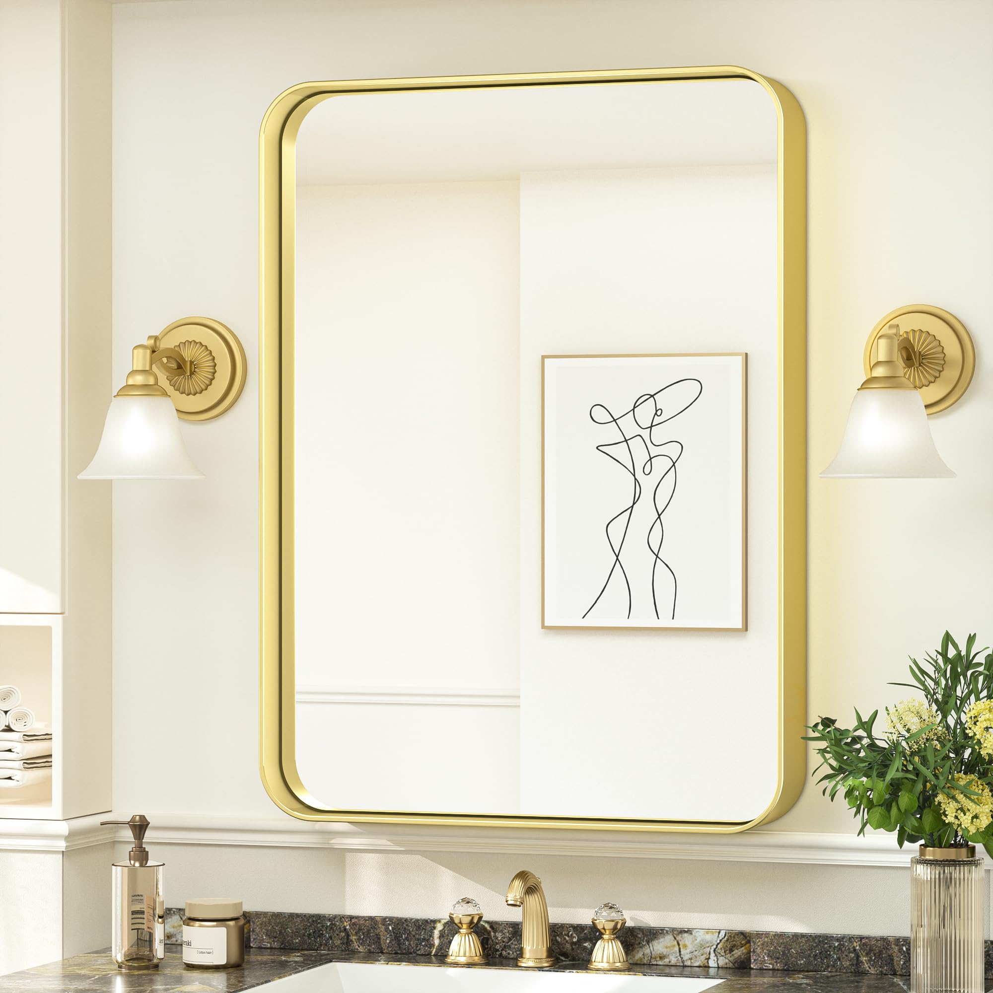 Photo 1 of TokeShimi Bathroom Mirror for Wall 24 x 30 Inch Gold Brushed Brass Metal Rounded Corner Rectangle Mirror Wall Mirror in Metal Frame