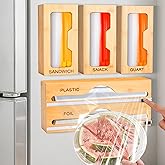 Magnetic Food Bag Organizer for Refrigerator or Drawer, Bamboo Foil and Plastic Wrap Organizer with Cutter, Kitchen Food Storage Bag Holder for Gallon, Quart, Snack, Sandwich, Size Baggie