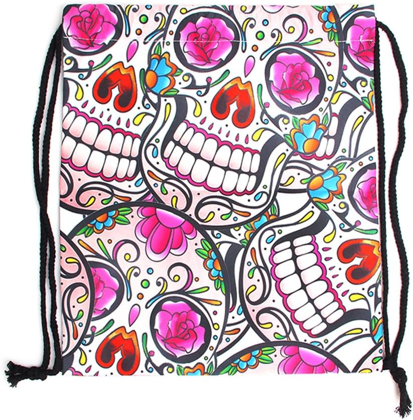 Whatsin Drawstring Backpack Pink Unicorn Ethnic Skull Emotion Emoji Halloween Skull Rainbow Skeleton Bone Print Shoulder Bags School Rucksack String Bags Gym Handbag (#6)
