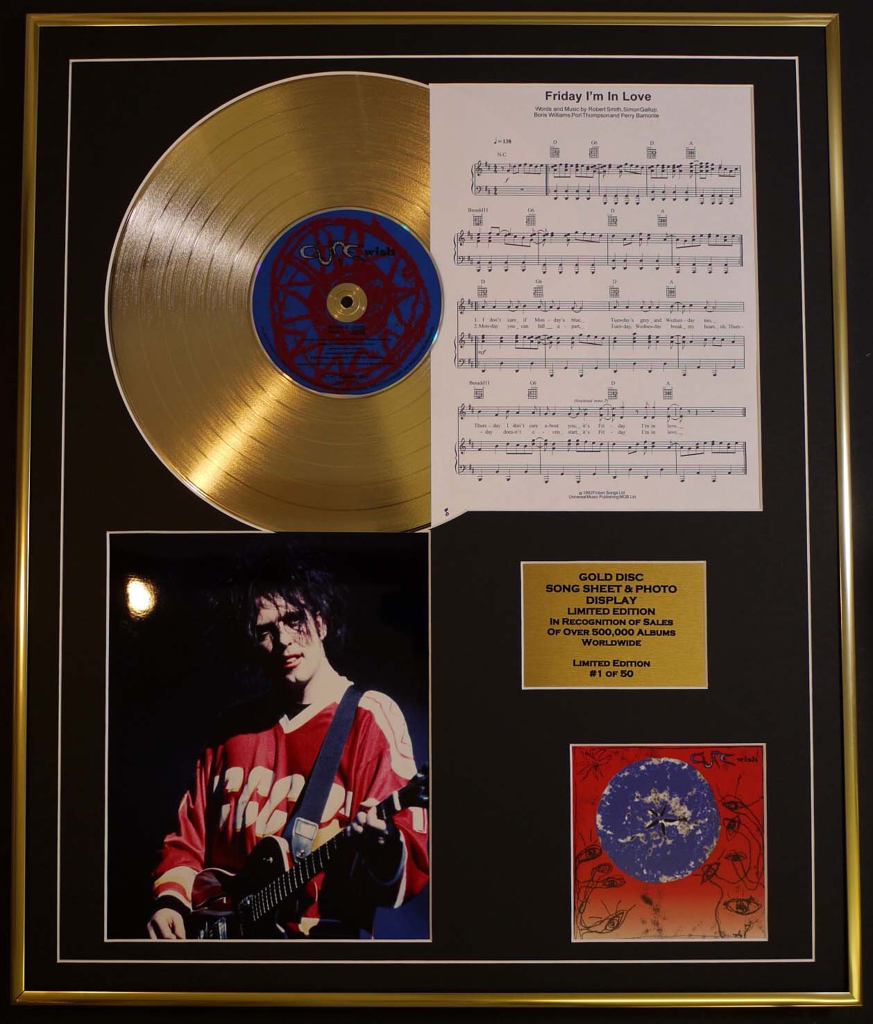 THE CURE/CD GOLD DISC, SONG SHEET & PHOTO DISPLAY/LTD. EDITION/COA/ALBUM, WISH/SONG SHEET, FRIDAY I'M IN LOVE